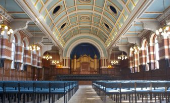 A photo of chairs setup for a concert at the Great Hall
